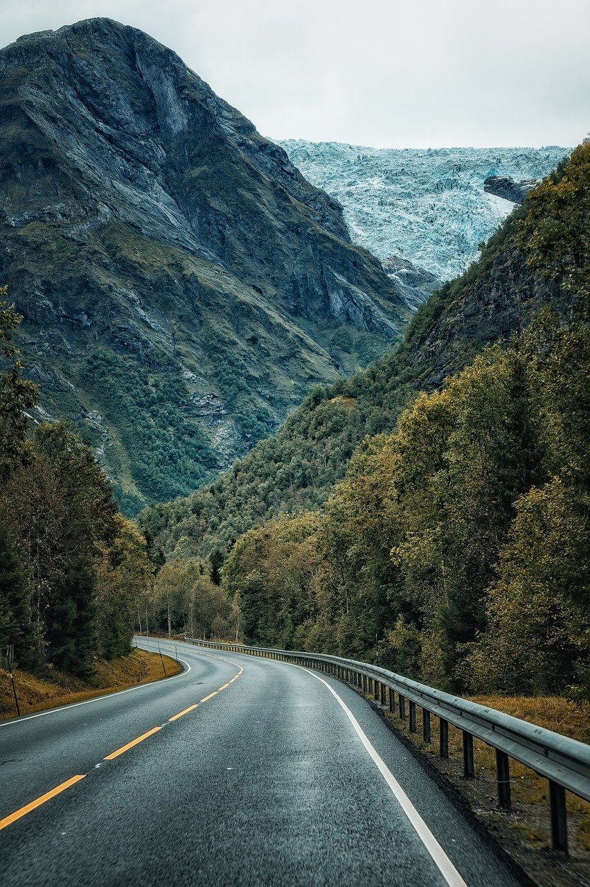 road, mountains, glacier